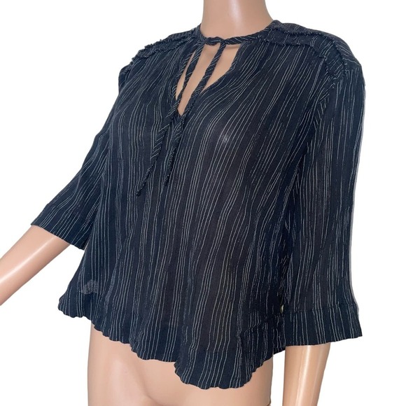 VINCE blouse Variegated Stripe Crinkle Cotton Top black white 100% cotton SZ S - Picture 6 of 12